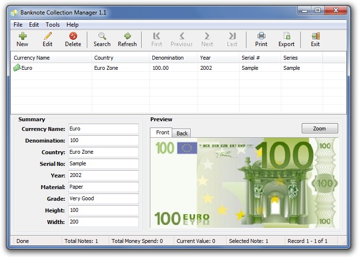 Click to view Banknote Collection Manager 1.1 screenshot